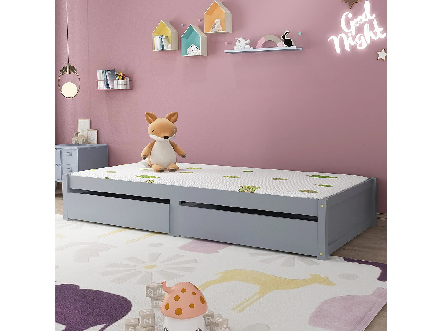 Lit enfant en bois massif 90x200 avec 2 tiroirs et barreaux, lit simple moderne en bois, gris