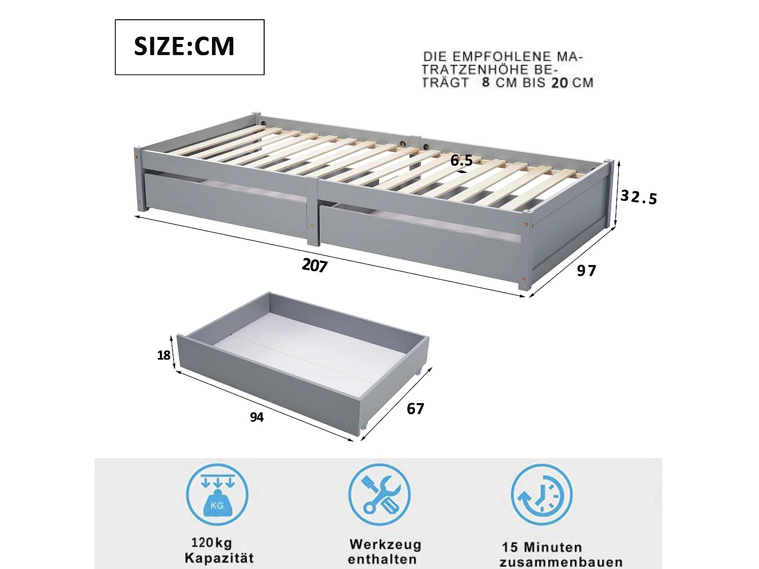 Lit enfant en bois massif 90x200 avec 2 tiroirs et barreaux, lit simple moderne en bois, gris