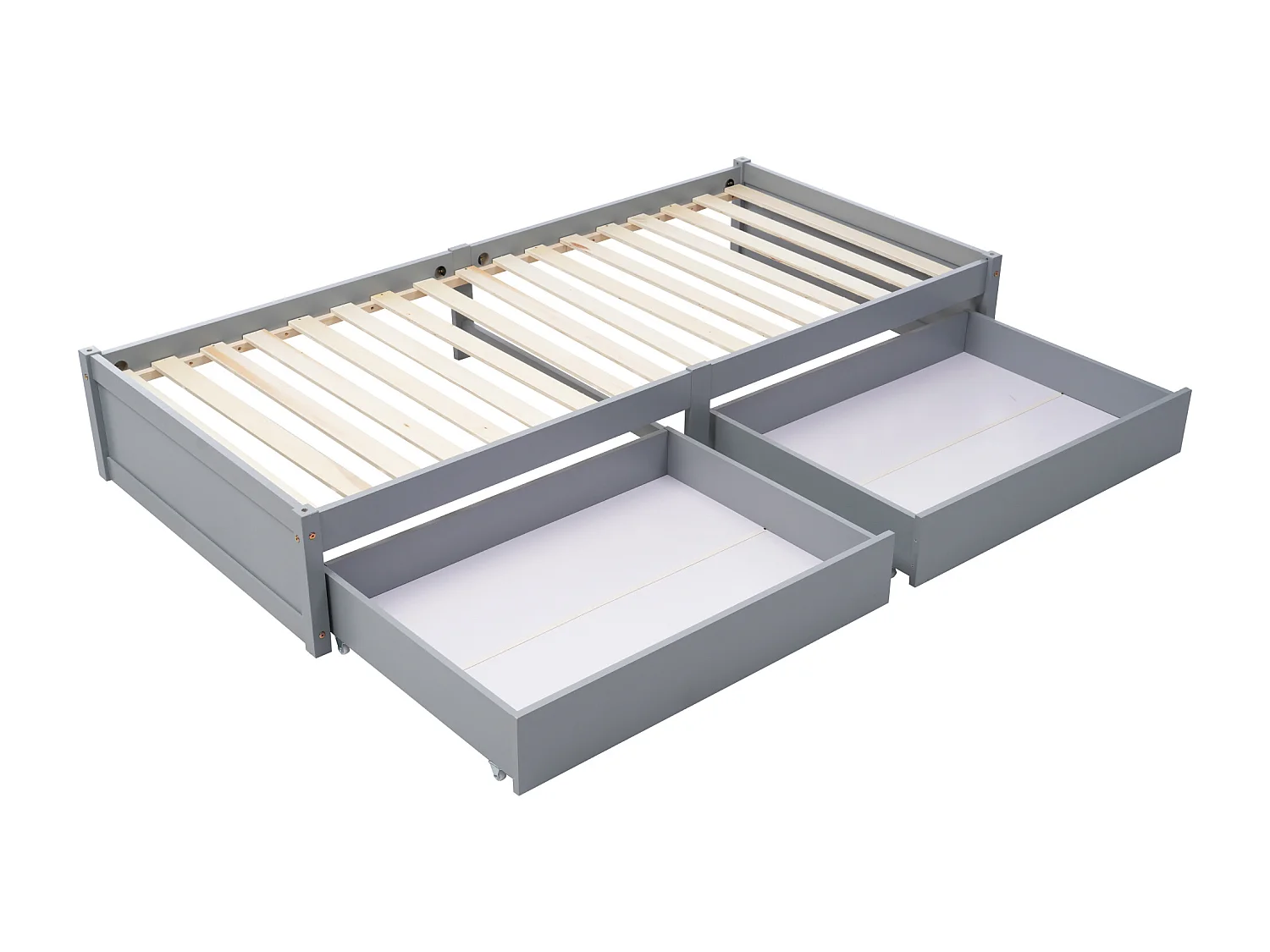 Lit enfant en bois massif 90x200 avec 2 tiroirs et barreaux, lit simple moderne en bois, gris