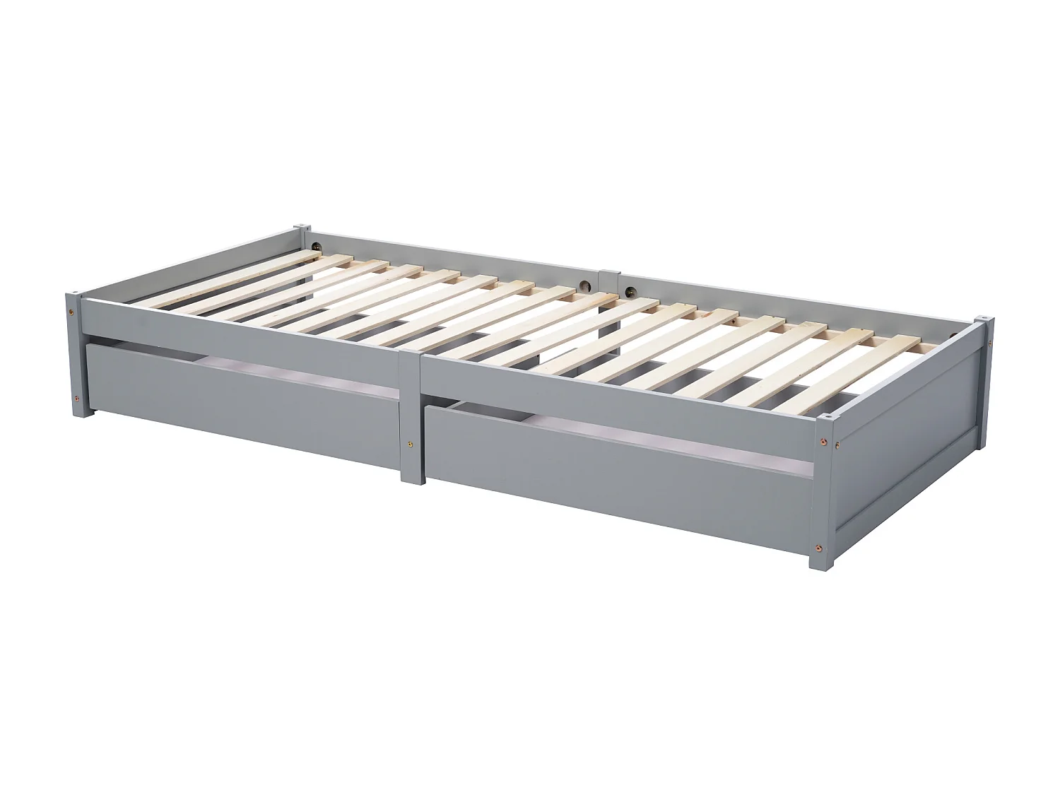 Lit enfant en bois massif 90x200 avec 2 tiroirs et barreaux, lit simple moderne en bois, gris