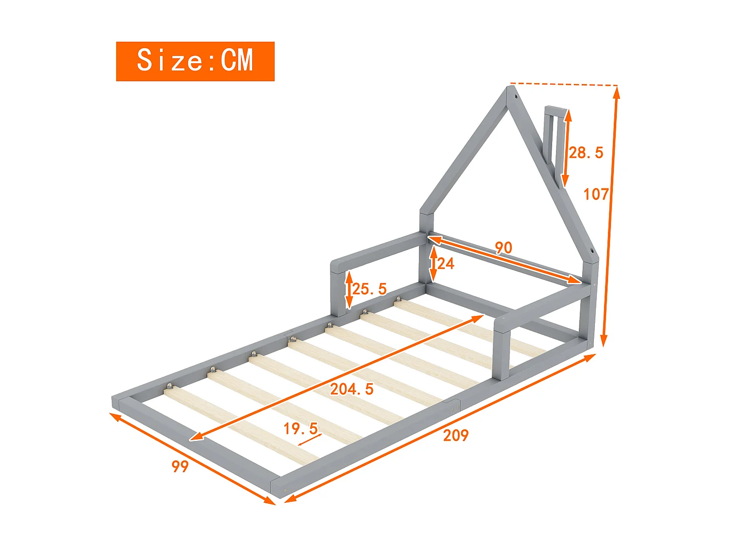 90*200cm Kinderbett, flaches Bett, Hausform, Kiefer massiv, einfache Form, grau