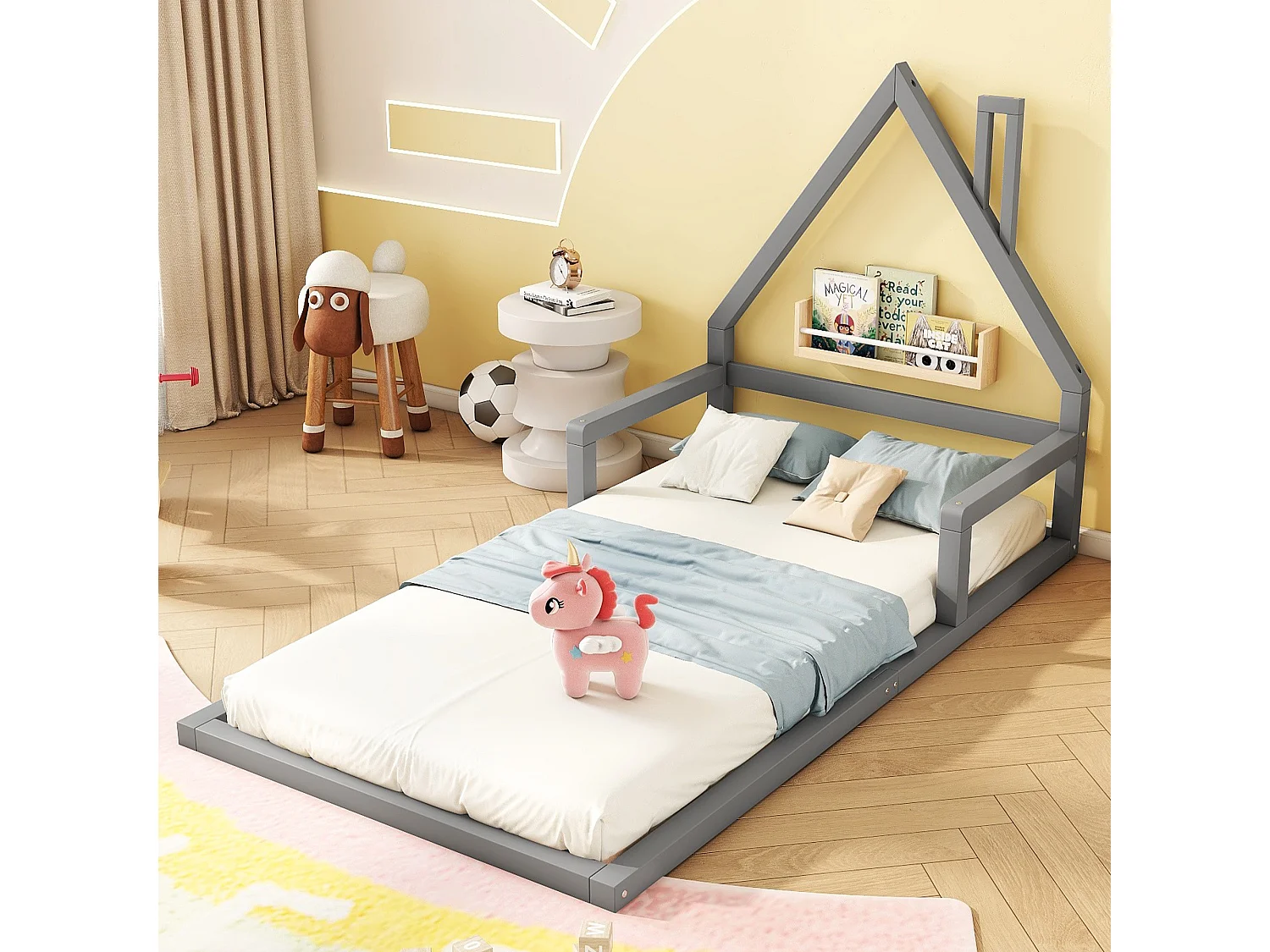 90*200cm Lit d'enfant, lit plat, forme maison, pin massif, forme simple, gris