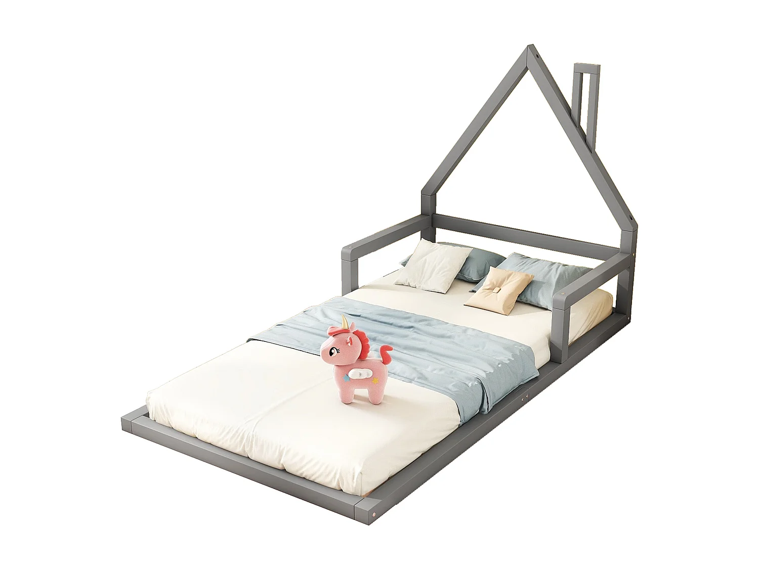 90*200cm Lit d'enfant, lit plat, forme maison, pin massif, forme simple, gris