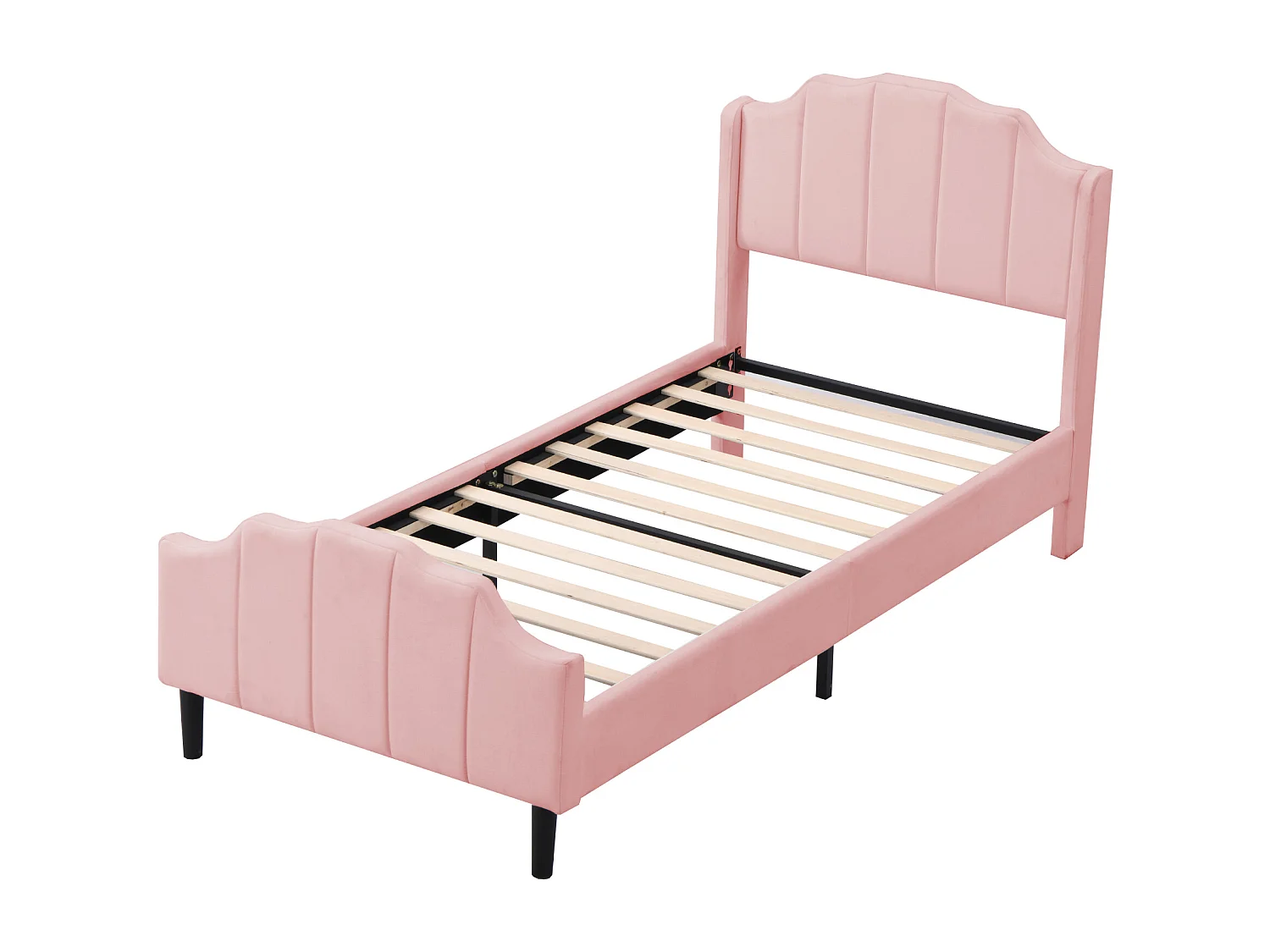 Lit enfant 90 x 200 cm , Cadre de lit avec tête et pied de lit, velours rose