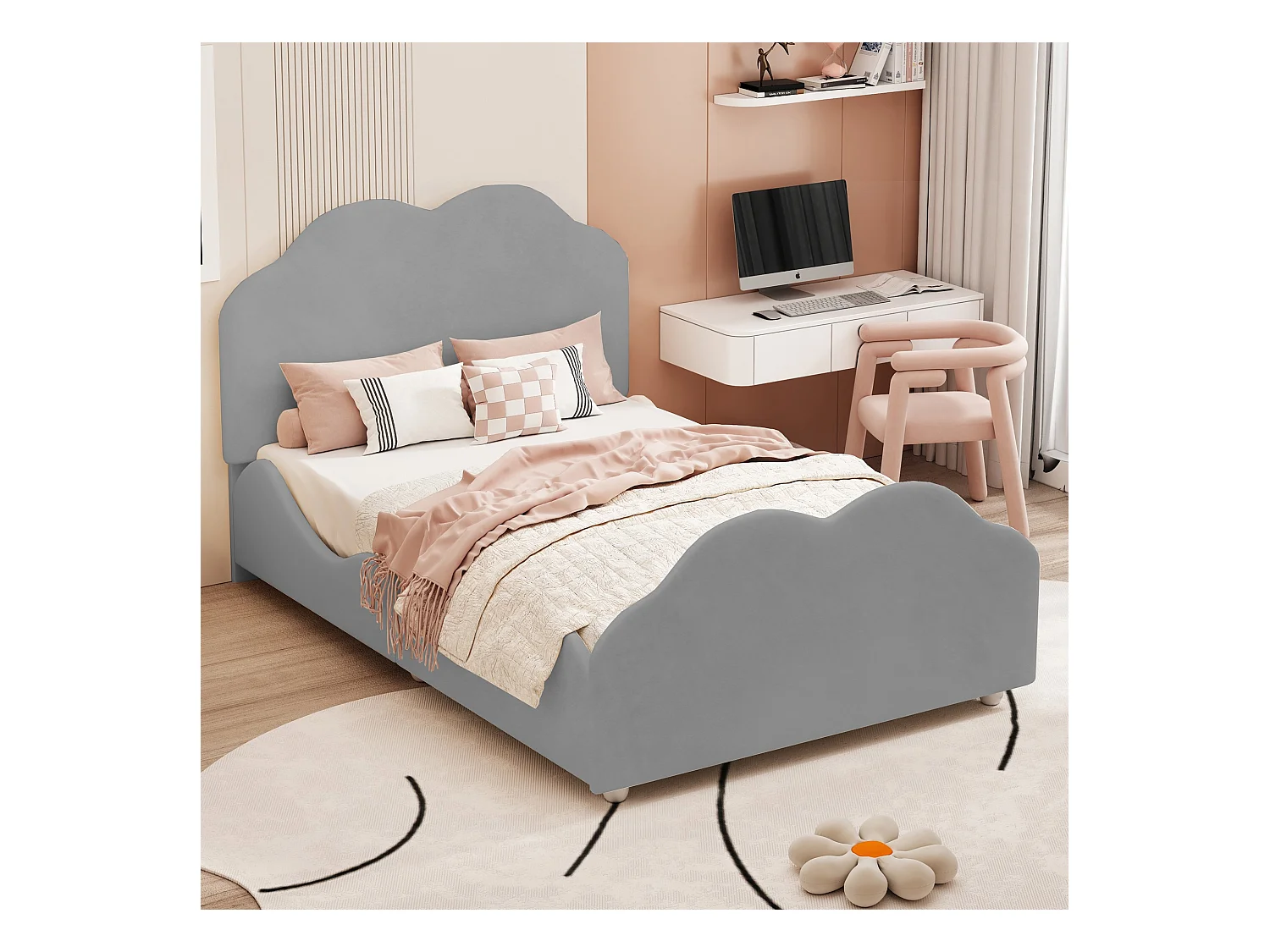 Lit d'enfant capitonné 90 x 200 cm, avec tête et pied de lit en forme de nuage, gris, velours