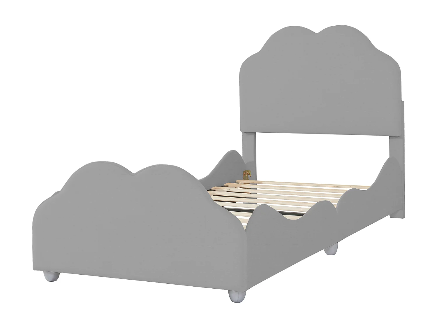 Gepolstertes Kinderbett 90x200 cm, mit Kopf- und Fußteil in Wolkenform, grau, Samt.