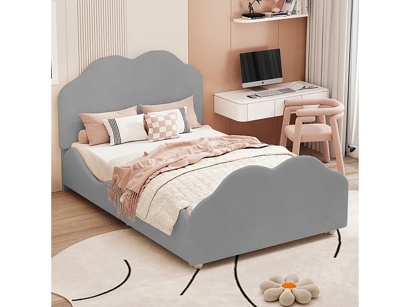 Letto imbottito per bambini 90x200 cm, con testiera e pediera a forma di nuvola, grigio, velluto