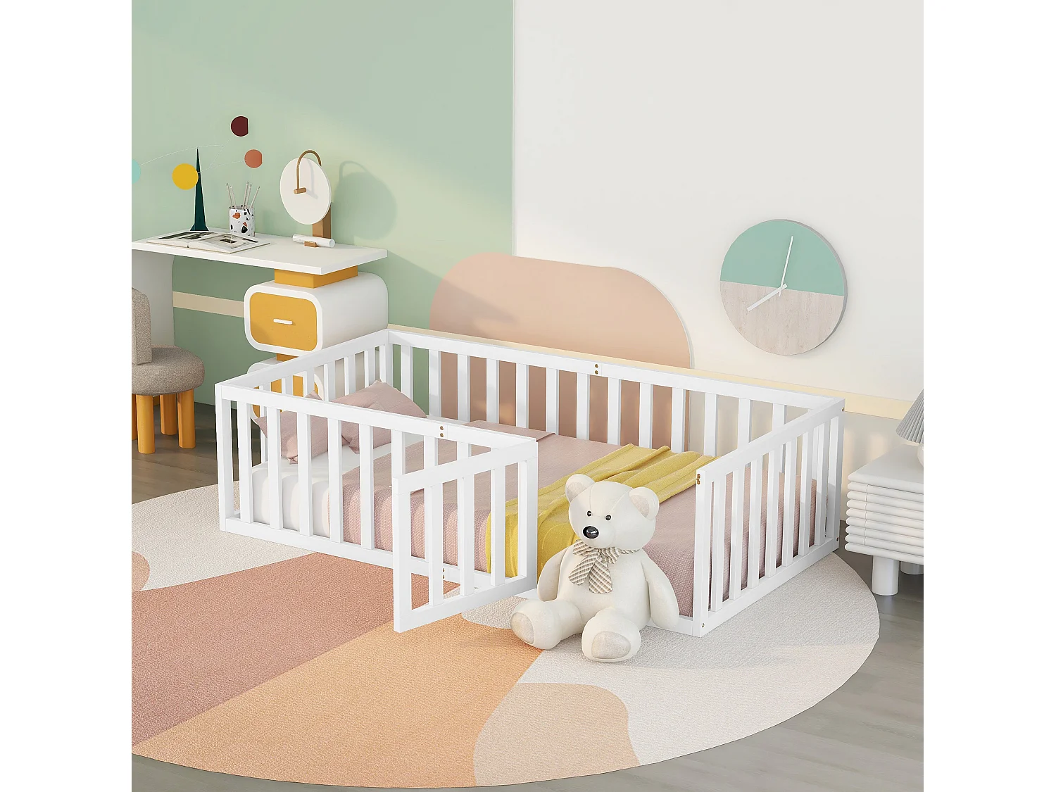Lit d'enfant 90 x 200, fond en bois Cadre de lit avec barrière et porte, blanc