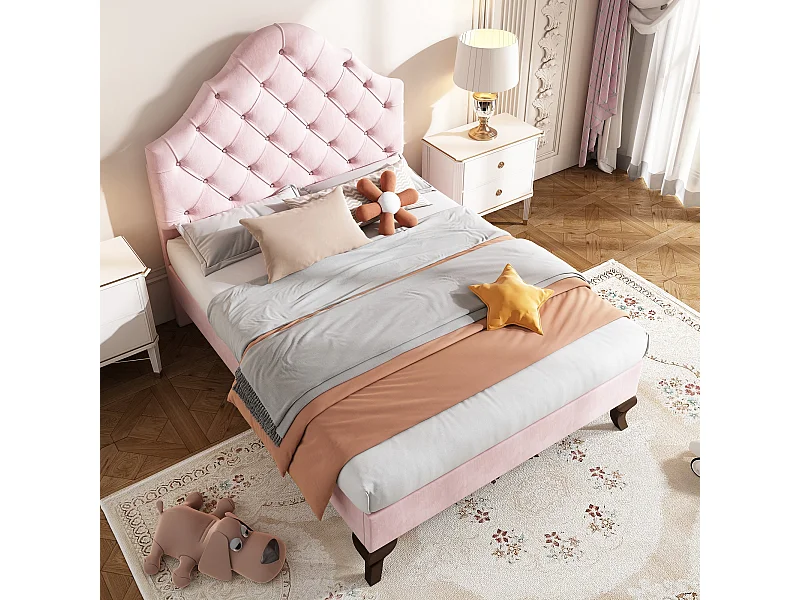 Cama infantil 90*200, con somier y cabecero, individual, terciopelo, rosa
