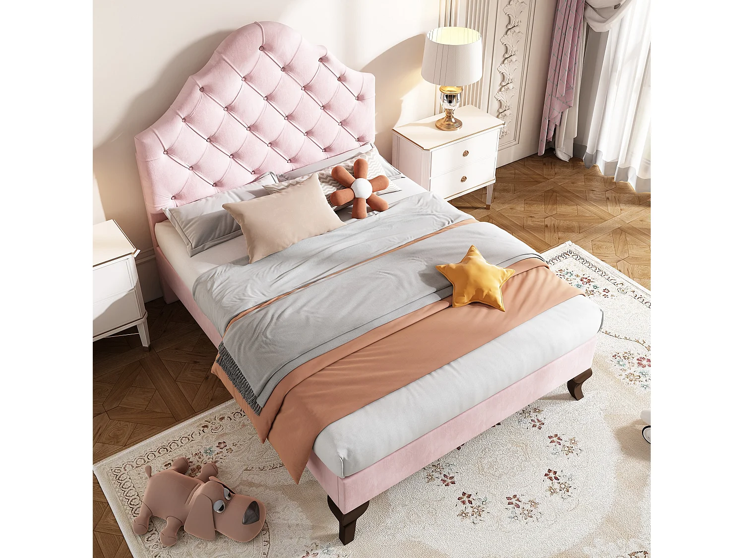 Kinderbett 90*200, mit Lattenrost und Kopfteil, Einzelbett, Samt, rosa