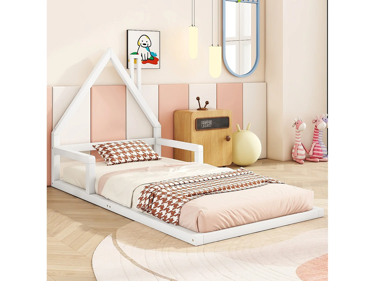 90*200cm Lit d'enfant, lit plat, forme maison, pin massif, forme simple, blanc