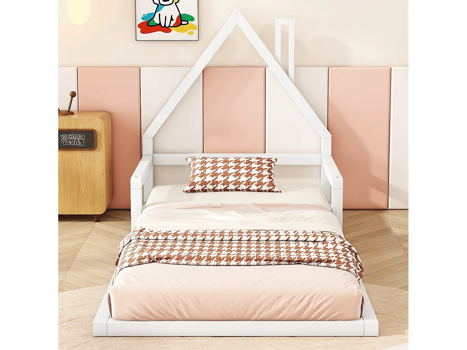 90*200cm Lit d'enfant, lit plat, forme maison, pin massif, forme simple, blanc
