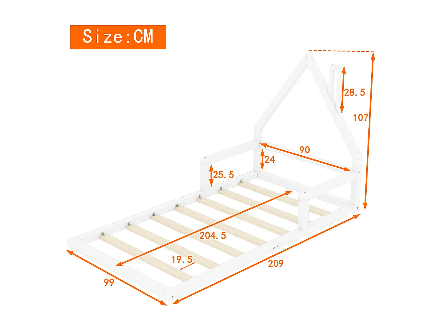 90*200cm Lit d'enfant, lit plat, forme maison, pin massif, forme simple, blanc