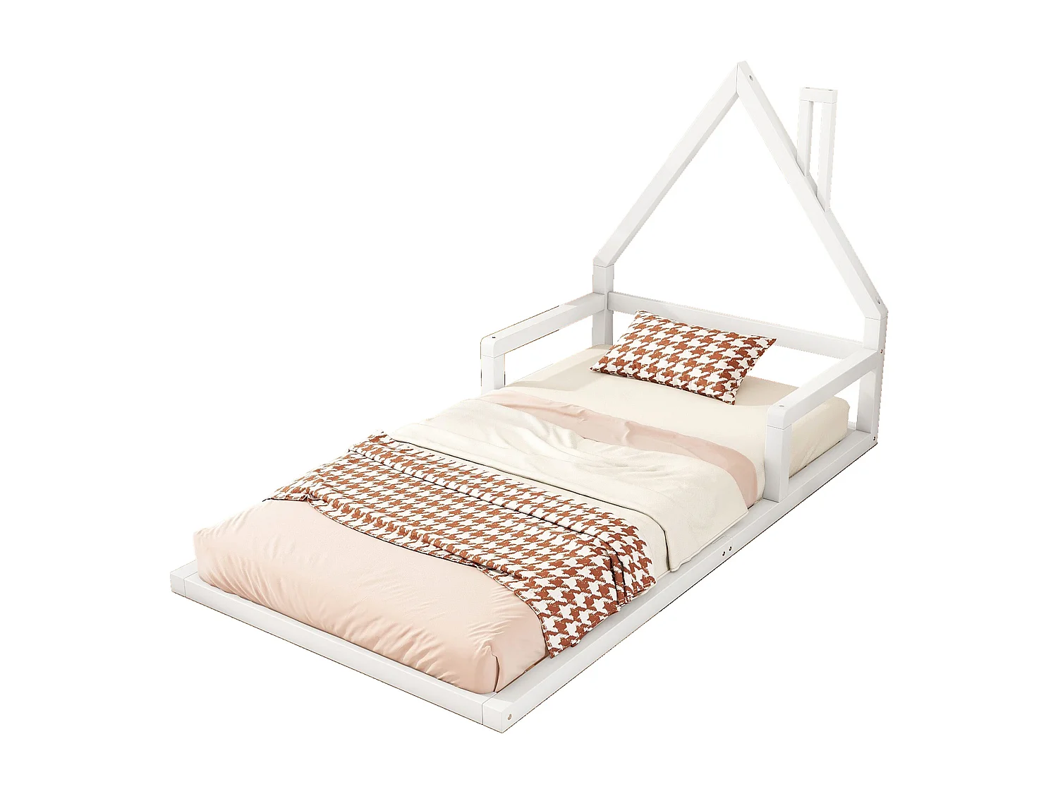 90*200cm Lit d'enfant, lit plat, forme maison, pin massif, forme simple, blanc
