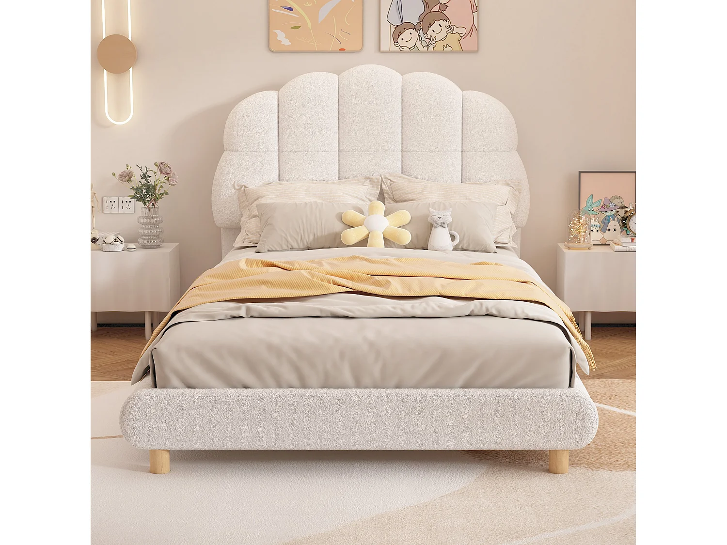 90*200 cm Tête de lit pour enfants, en peluche, mignonne, blanche