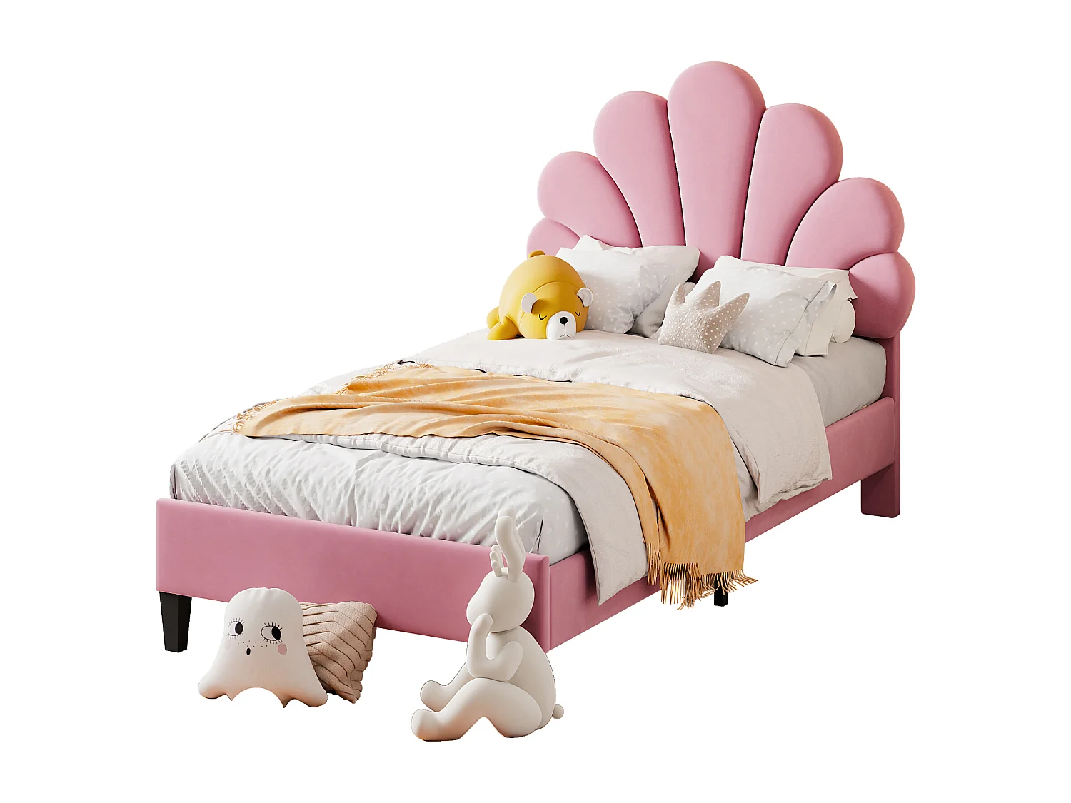 Lit d'enfant capitonné 90 x 200 cm, tête de lit et lattes fleuries, velours doux, rose