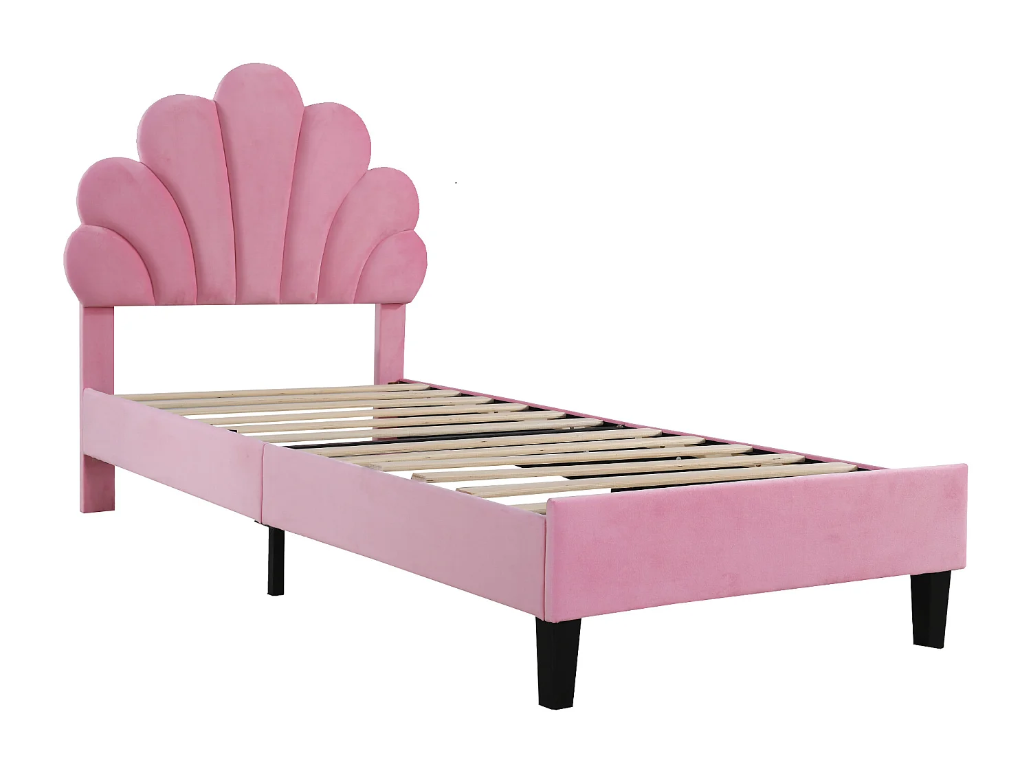 Lit d'enfant capitonné 90 x 200 cm, tête de lit et lattes fleuries, velours doux, rose