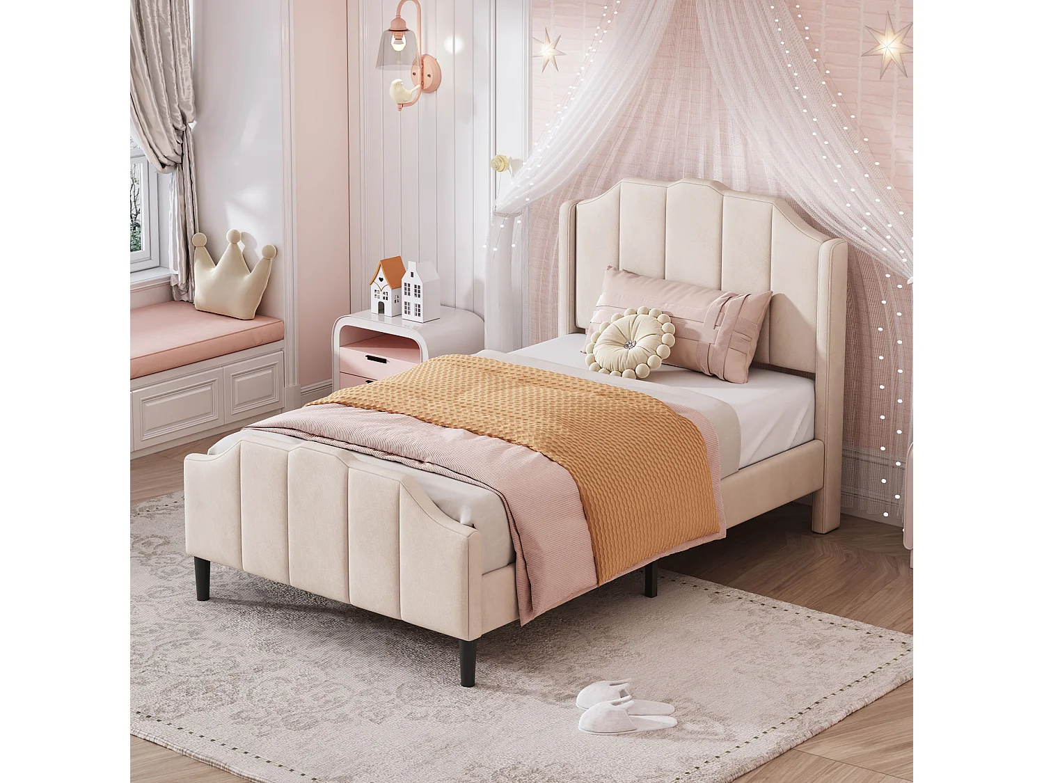 Lit d'enfant capitonné 90 x 200 cm, cadre de lit avec tête de lit, pied de lit, velours beige
