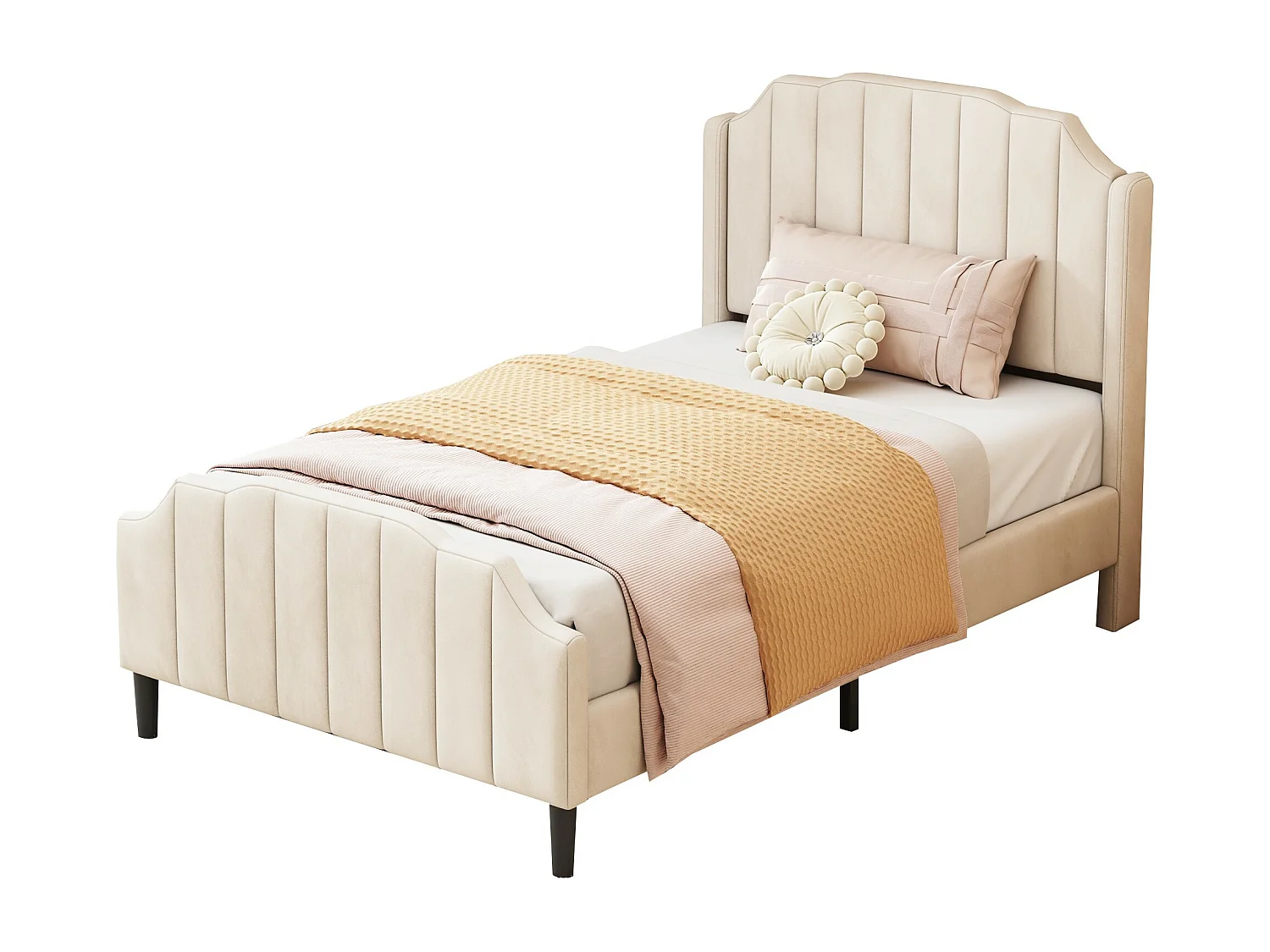 Lit d'enfant capitonné 90 x 200 cm, cadre de lit avec tête de lit, pied de lit, velours beige