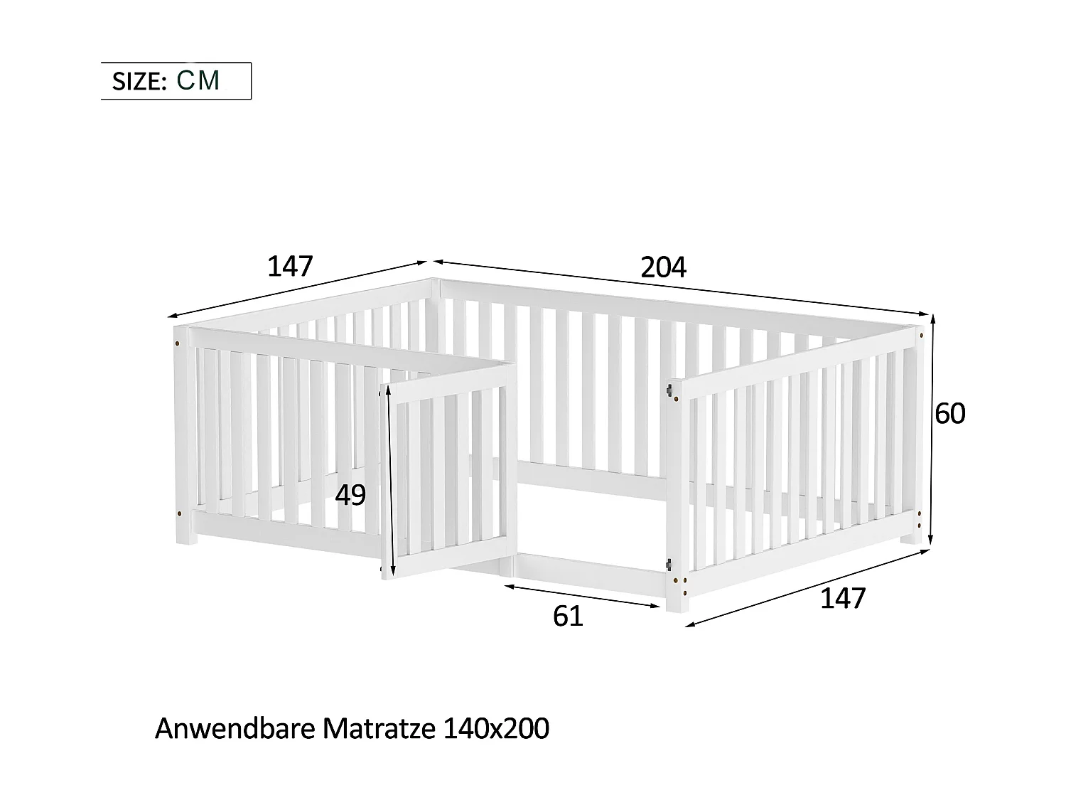 Cama infantil 140 x 200, somier de madera Somier con barrera y puerta, blanco