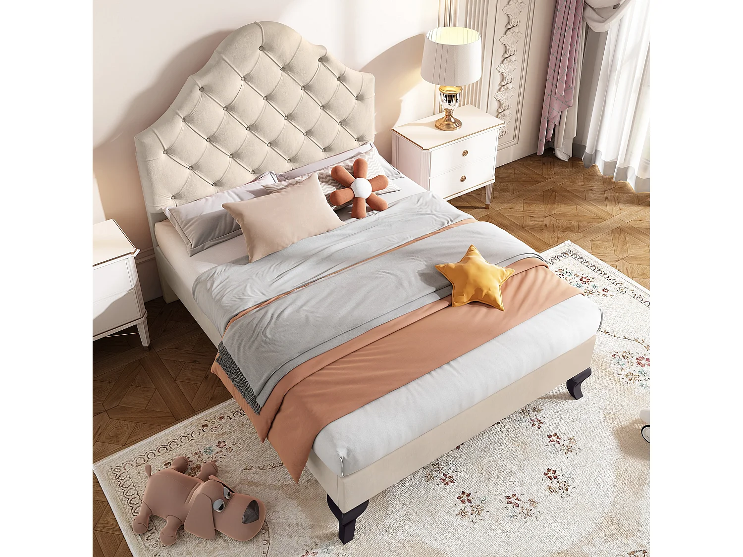 Lit d'enfant 90*200, avec sommier à lattes et tête de lit, simple, velours, beige