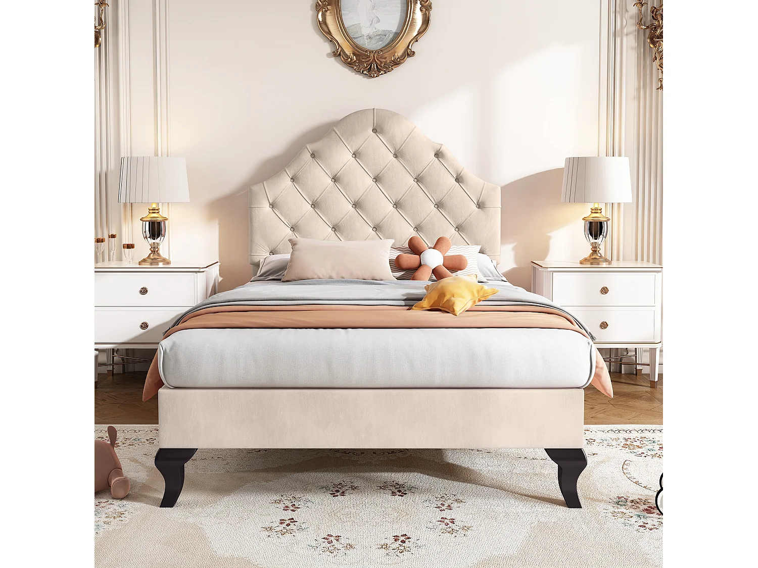 Cama acolchoada para adulto 180 x 983 cm, sem cabeceira, com faixa LED (monocromática), base com suspensão hidráulica, bege.