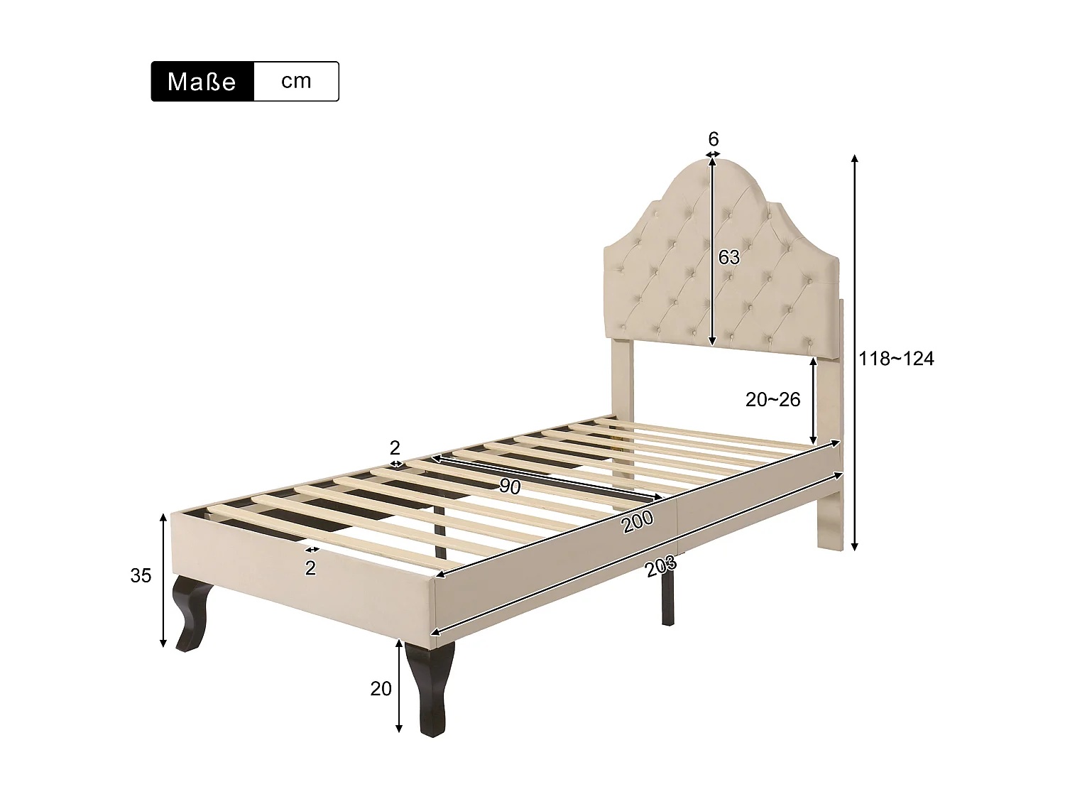 Cama acolchoada para adulto 180 x 983 cm, sem cabeceira, com faixa LED (monocromática), base com suspensão hidráulica, bege.