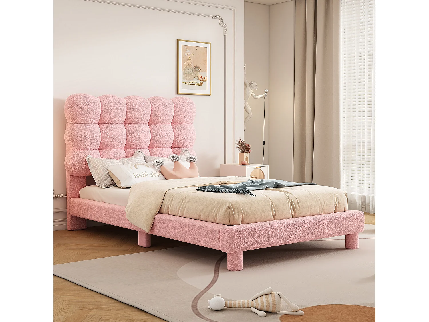 90*200 cm Lit capitonné, tête de lit confort, finition rose, style minimaliste, rose
