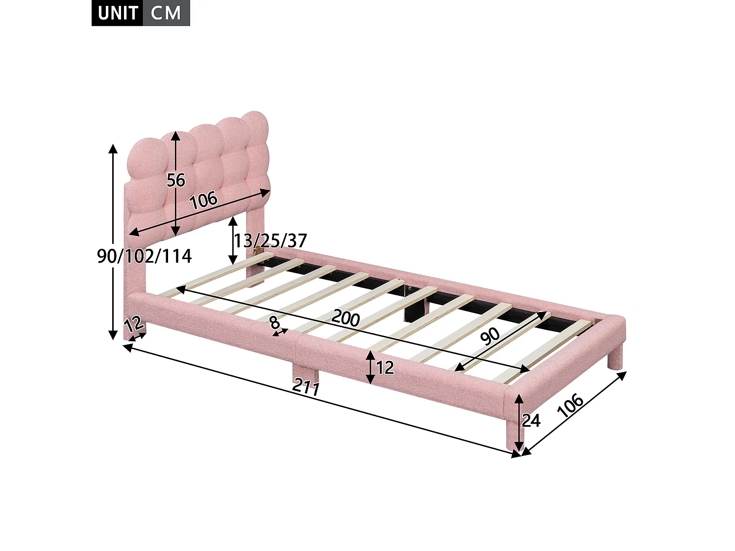 90*200 cm Lit capitonné, tête de lit confort, finition rose, style minimaliste, rose