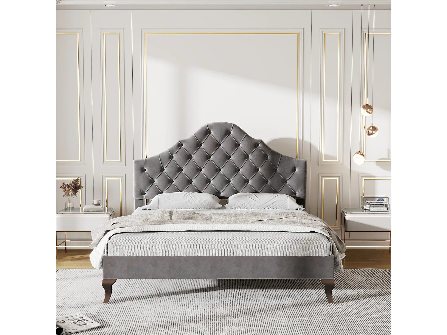 Kinderbett 90*200 mit Lattenrost und Kopfteil, Samt, grau