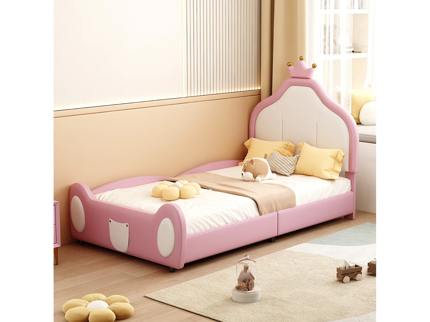 Lit d'enfant rembourré 90*200 cm, design patchwork bicolore, tissu en similicuir, rose