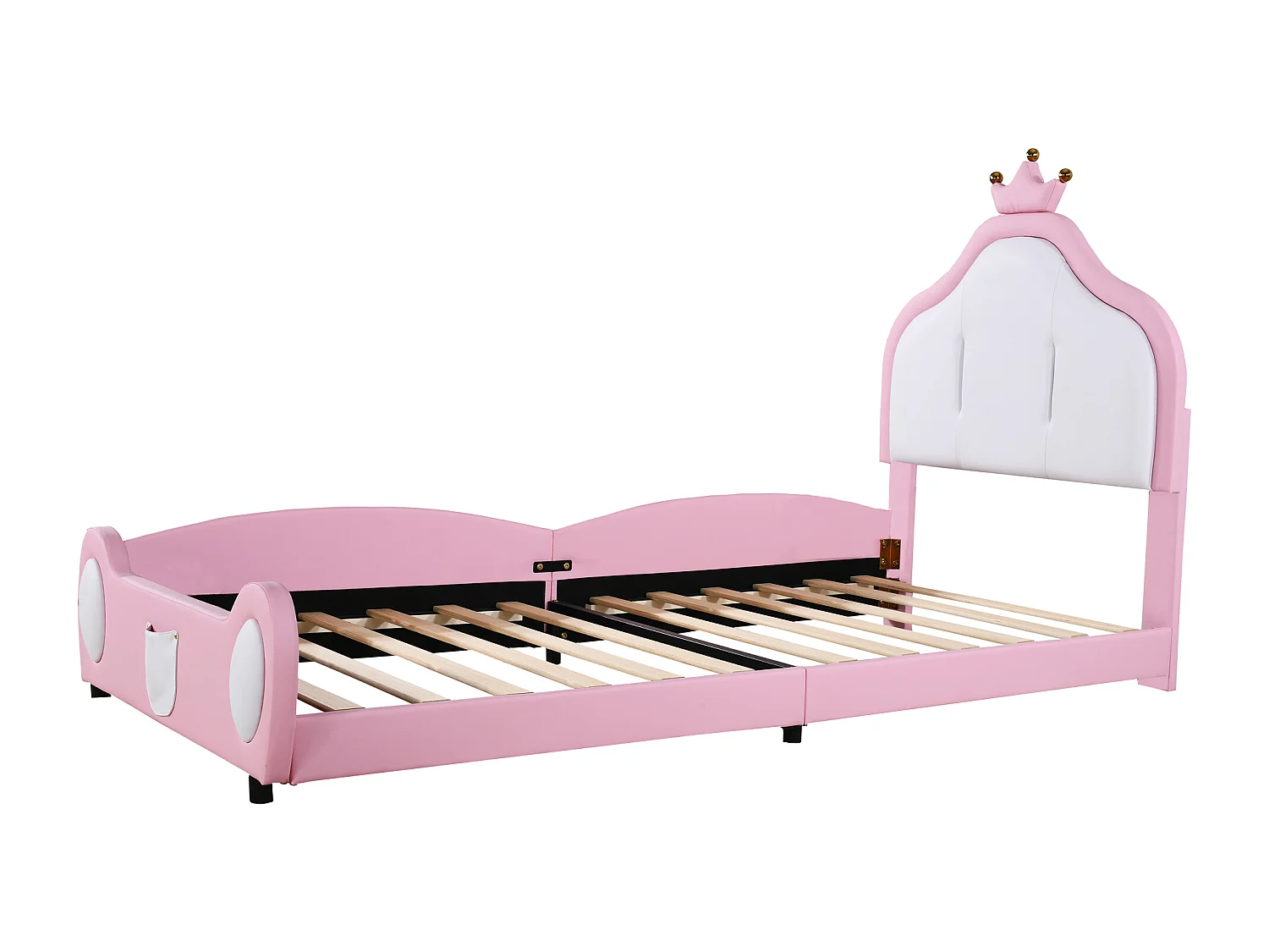 Lit d'enfant rembourré 90*200 cm, design patchwork bicolore, tissu en similicuir, rose