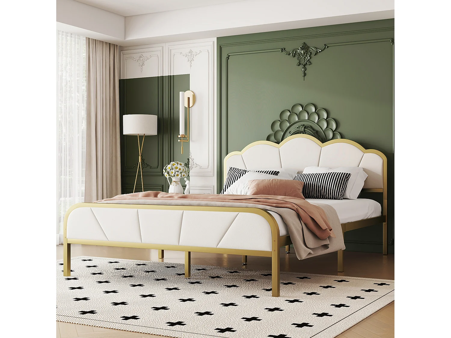 Cama plana de 140*200 cm con marco de hierro, forma de nube, marco dorado, diseño minimalista, dorado + blanco