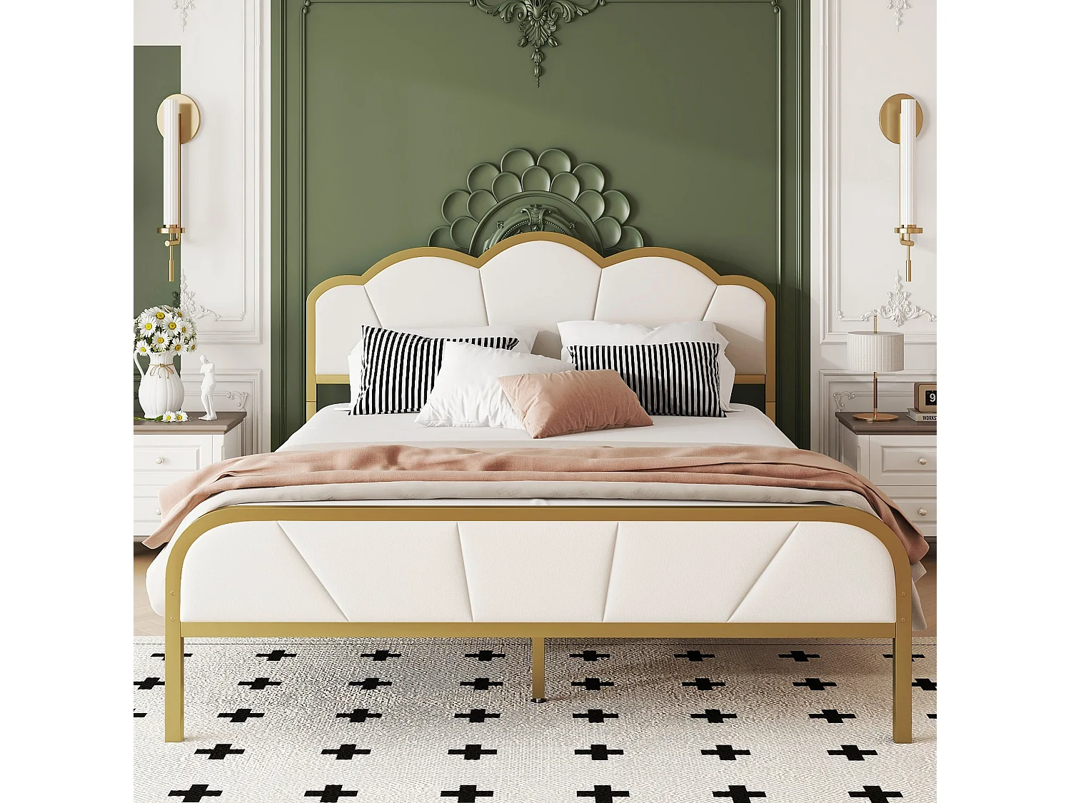 Cama plana de 140*200 cm con marco de hierro, forma de nube, marco dorado, diseño minimalista, dorado + blanco