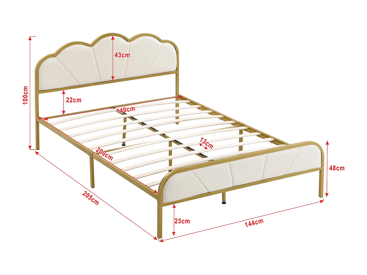 Cama plana de 140*200 cm con marco de hierro, forma de nube, marco dorado, diseño minimalista, dorado + blanco
