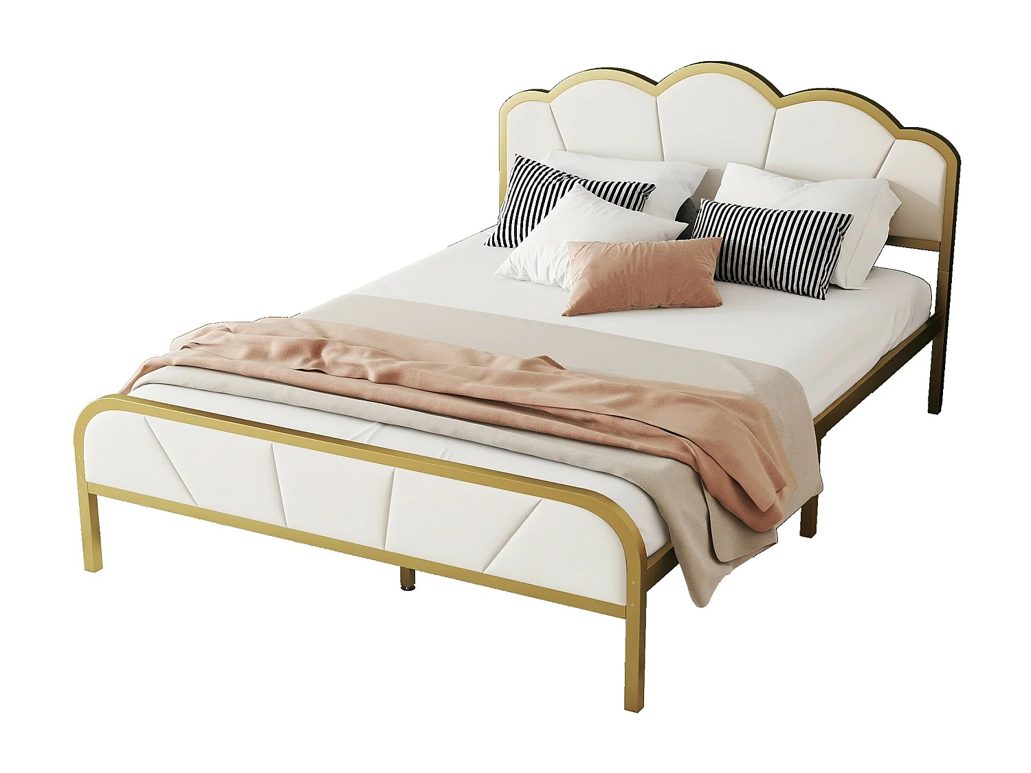 Cama plana de 140*200 cm con marco de hierro, forma de nube, marco dorado, diseño minimalista, dorado + blanco