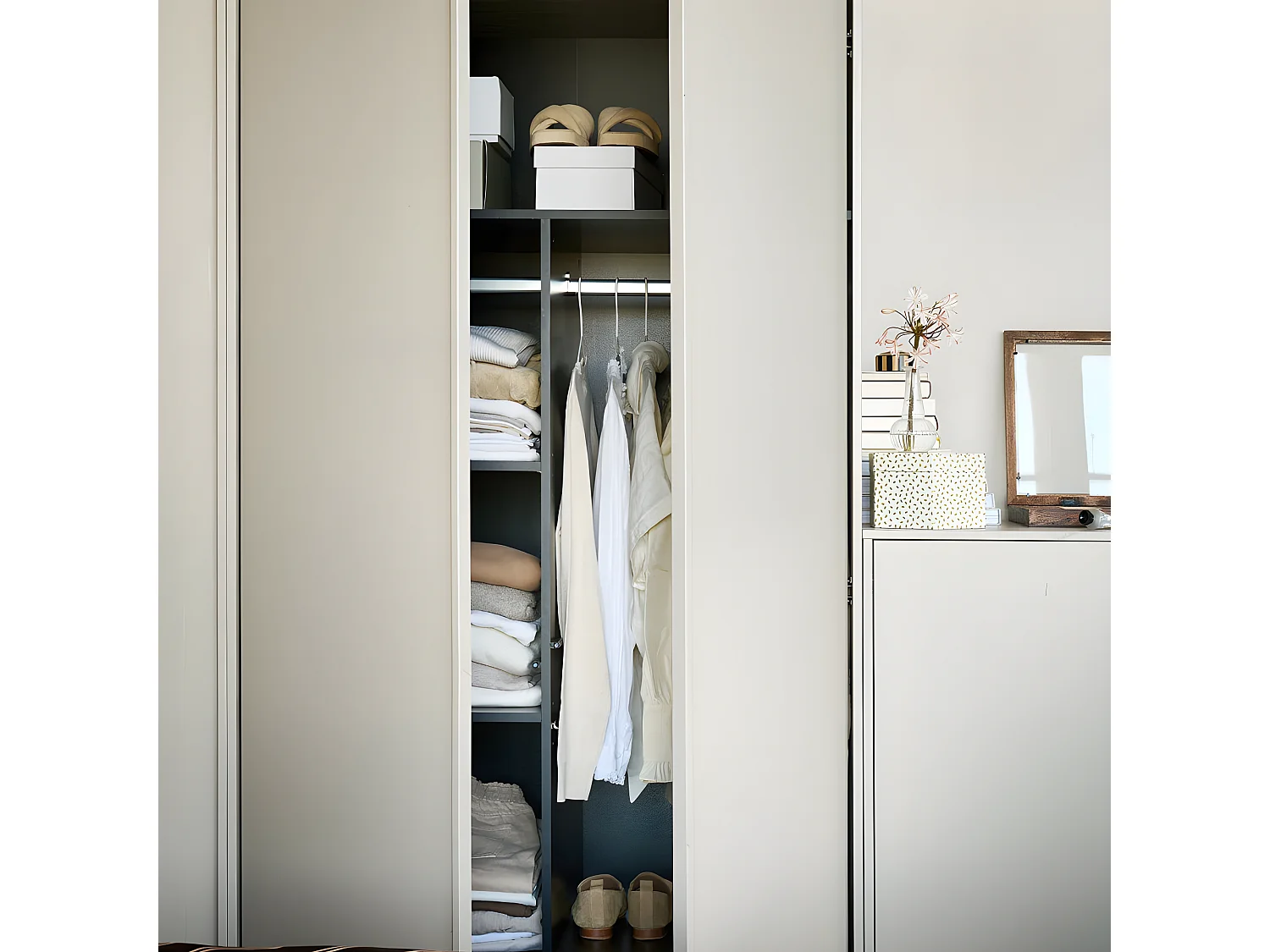 Daily - Armoire 2 portes, 2 tiroirs en bois H200cm - Beige