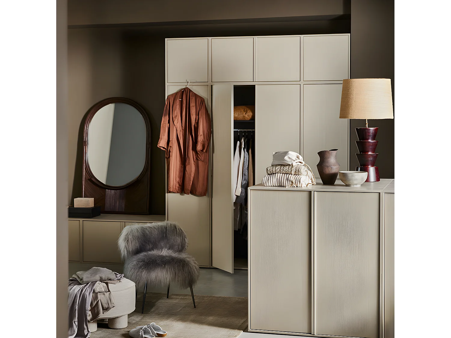 Daily - Armoire 2 portes, 2 tiroirs en bois H200cm - Beige