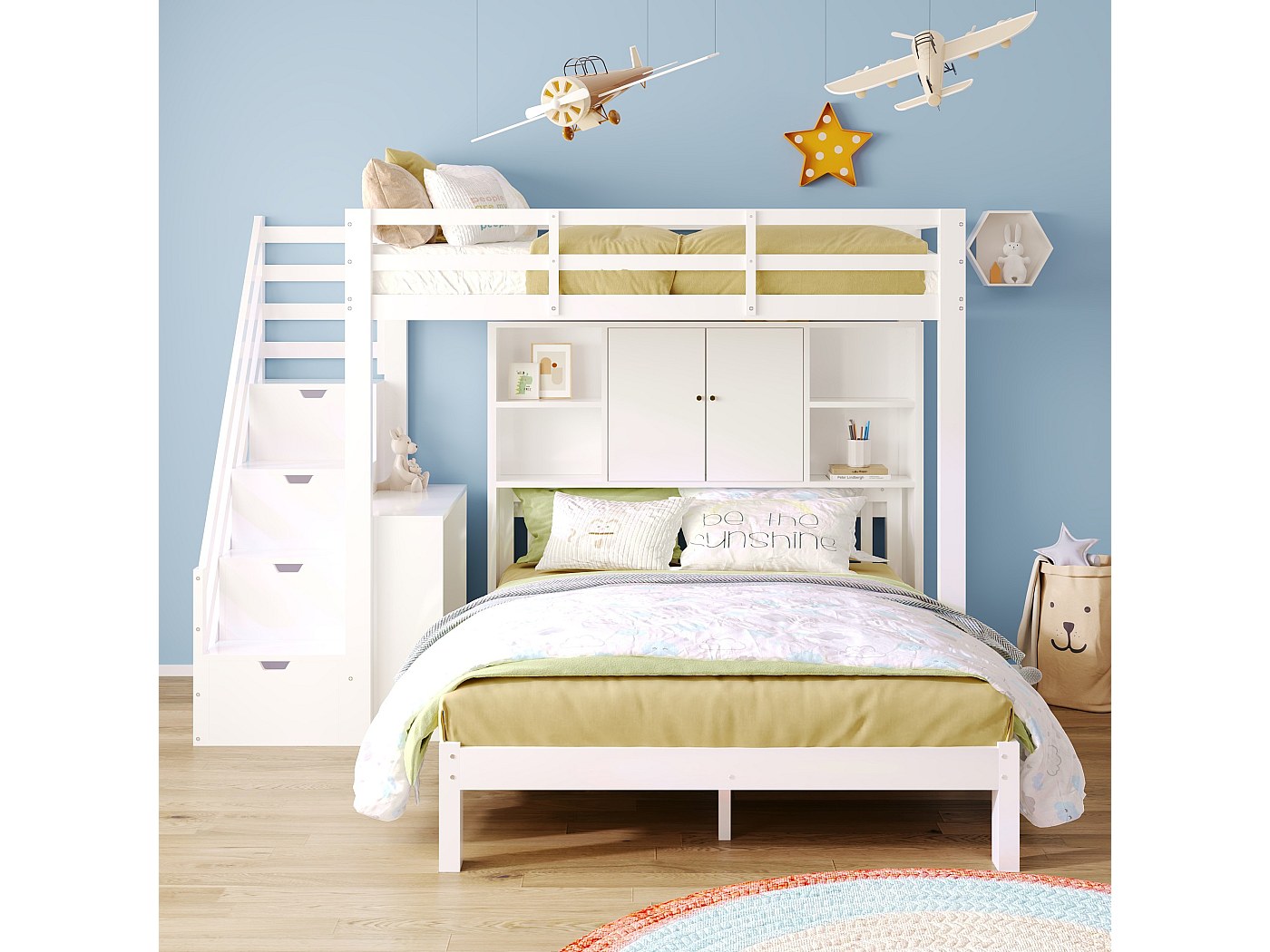 Lit Superposé Avec échelle, Bureau Et étagères, Cadre En Métal Et MDF Blanc Naturel 204 5x95 5x180 5 Cm Lit Superposé Avec échelle, Bureau Et étagères, Cadre En Métal Et MDF Blanc Naturel 204 5x95 5x180 5 Cm