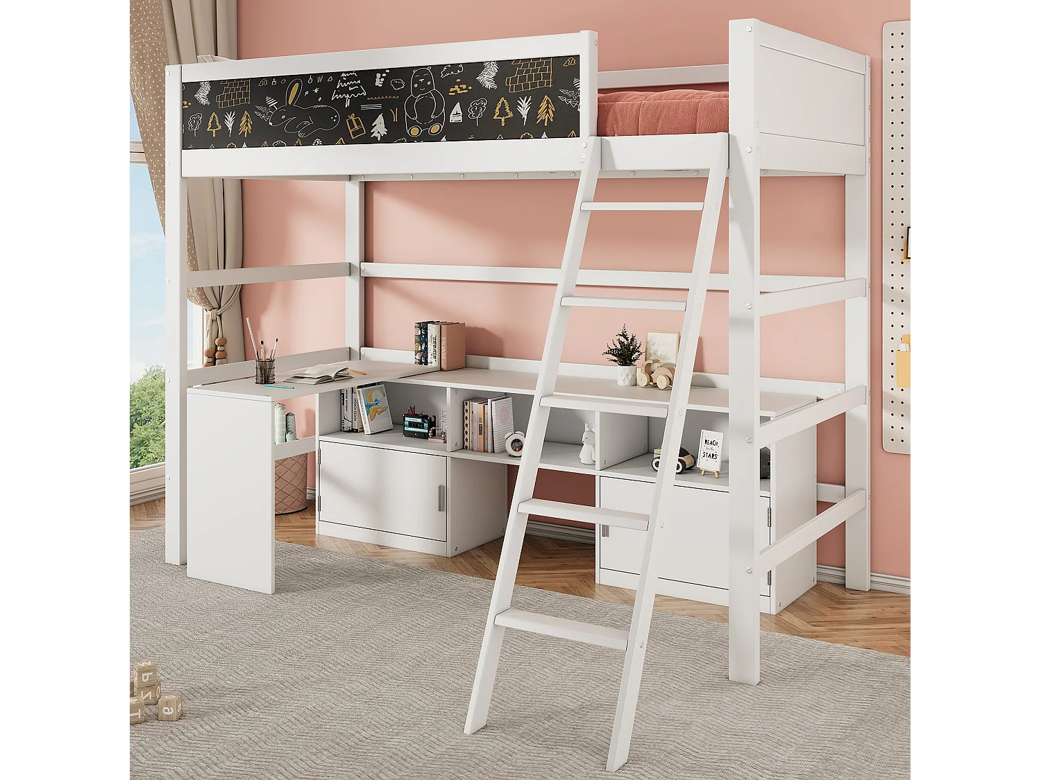 Multifunktionales Kinderbett, Etagenbett, mit beweglichem Tisch, Kritzelbrett, Aufbewahrungsschrank und Leiter, 90*200 cm, weiß