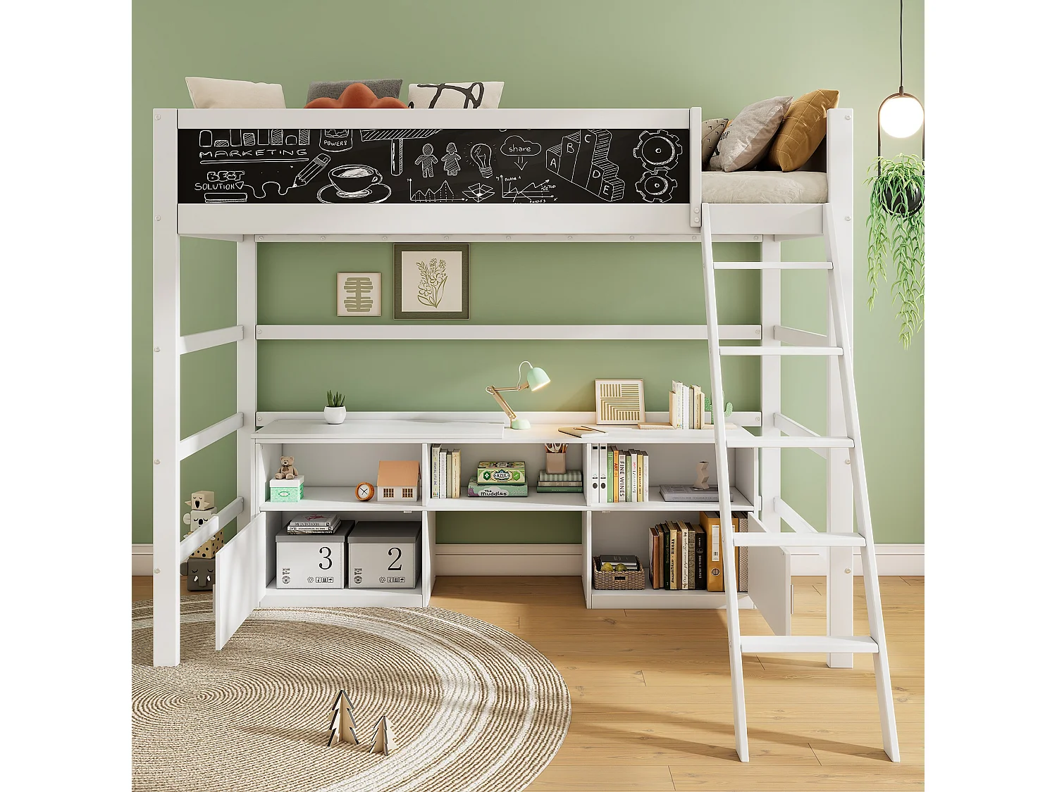 Multifunktionales Kinderbett, Etagenbett, mit beweglichem Tisch, Kritzelbrett, Aufbewahrungsschrank und Leiter, 90*200 cm, weiß