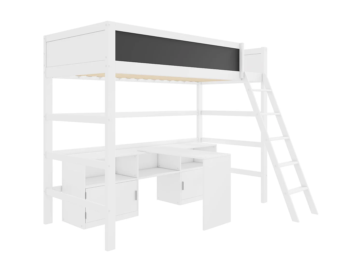 Multifunktionales Kinderbett, Etagenbett, mit beweglichem Tisch, Kritzelbrett, Aufbewahrungsschrank und Leiter, 90*200 cm, weiß