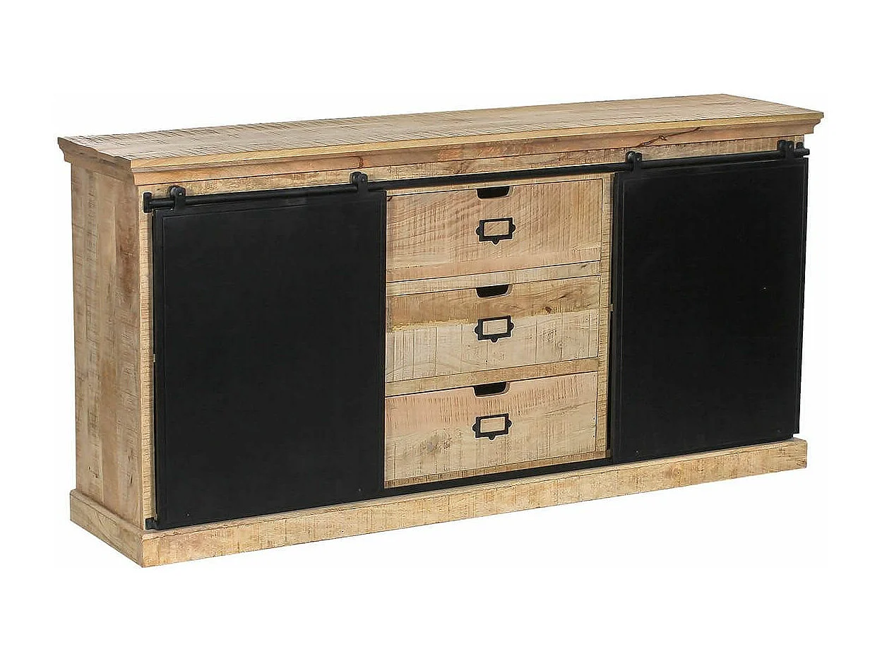 VALMON - Bahut en Manguier 3 Tiroirs et 2 Portes Coulissantes en Métal Laqué Noir