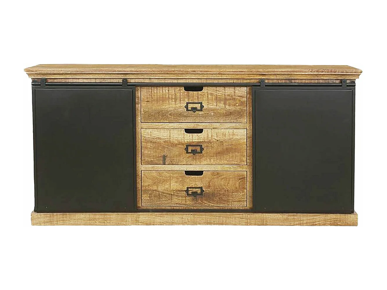 VALMON - Bahut en Manguier 3 Tiroirs et 2 Portes Coulissantes en Métal Laqué Noir