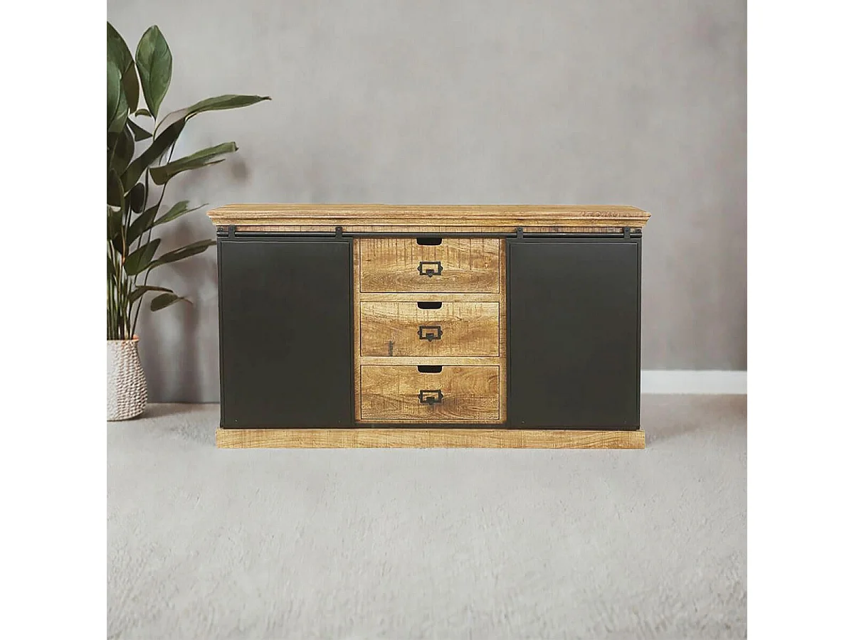 VALMON - Bahut en Manguier 3 Tiroirs et 2 Portes Coulissantes en Métal Laqué Noir