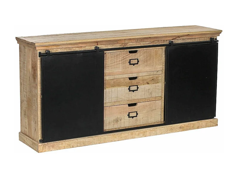 VALMON - Bahut en Manguier 3 Tiroirs et 2 Portes Coulissantes en Métal Laqué Noir