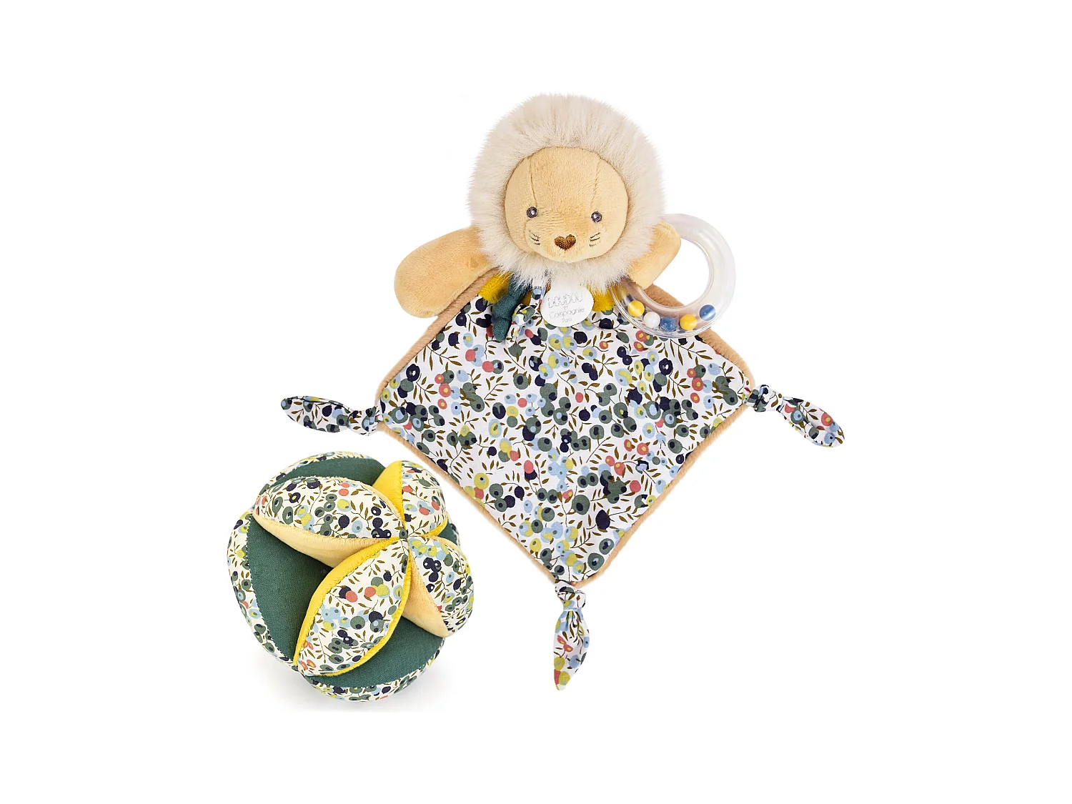Duo balle + doudou hochet polyester DUO BOH'AIME lion jaune 2 pièces