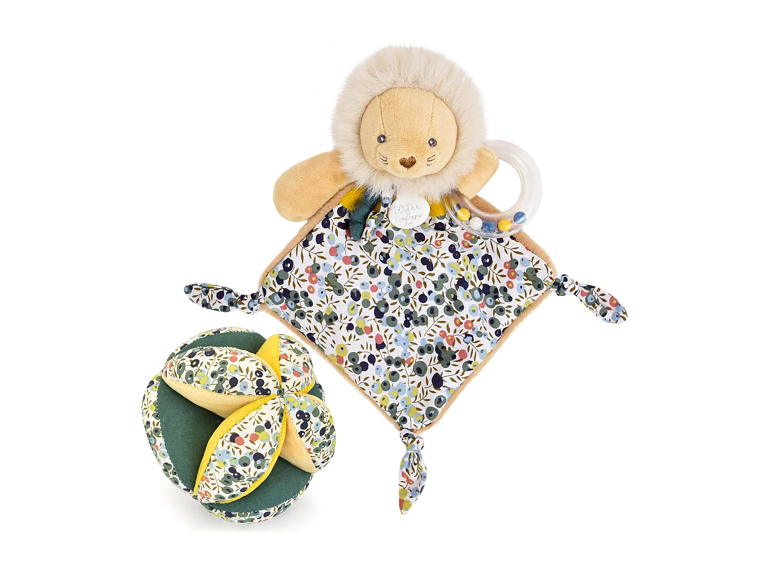 Duo balle + doudou hochet polyester DUO BOH'AIME lion jaune 2 pièces