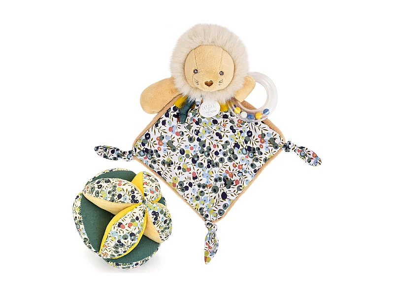 Duo balle + doudou hochet polyester DUO BOH'AIME lion jaune 2 pièces