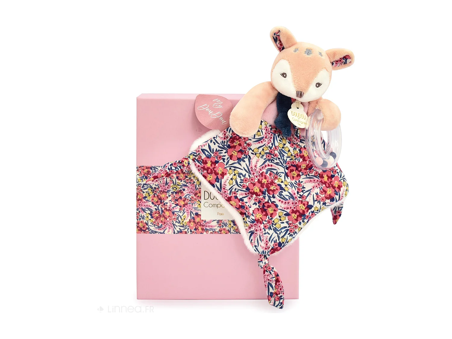 Doudou hochet 22 cm polyester BOH'AIME faon rose multicolore
